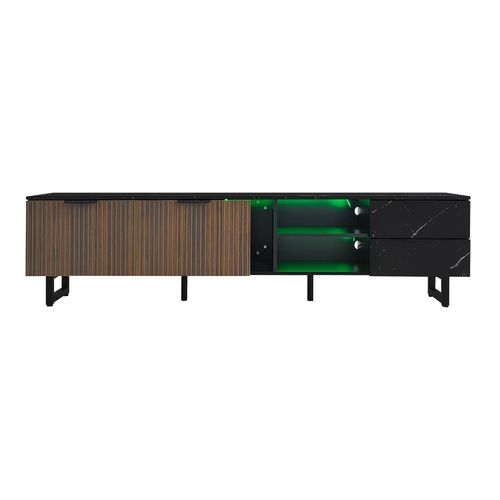 Meuble TV 200 X 38 X 50 Cm, Portes En Bois Foncé Veiné, LED Réglable, 2 Portes Et 2 Tiroirs