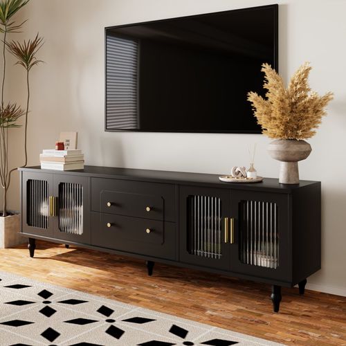 Meuble TV Bas De Style Rétro Avec 6 Compartiments De Rangement, Pieds En Bois Massif, Noir