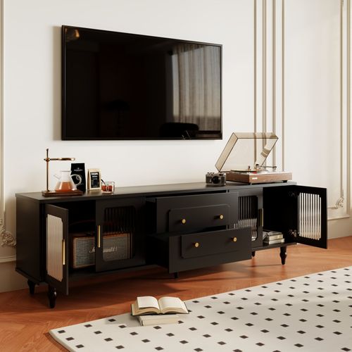 Meuble TV Bas De Style Rétro Avec 6 Compartiments De Rangement, Pieds En Bois Massif, Noir