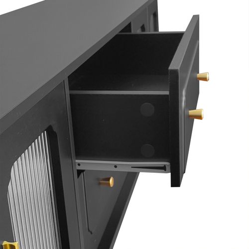 Meuble TV Bas De Style Rétro Avec 6 Compartiments De Rangement, Pieds En Bois Massif, Noir