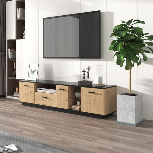 Meuble TV LED, Etagère En Verre 3 Portes 2 Compartiments Ouverts et 1 Tiroir, Noir Et Bois Naturel