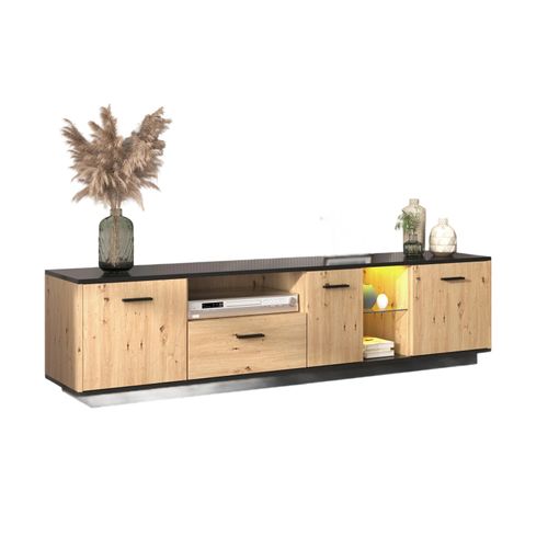 Meuble TV LED, Etagère En Verre 3 Portes 2 Compartiments Ouverts et 1 Tiroir, Noir Et Bois Naturel