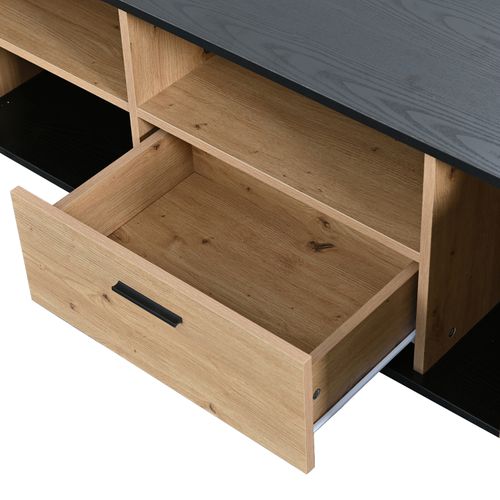 Meuble TV LED, Etagère En Verre 3 Portes 2 Compartiments Ouverts et 1 Tiroir, Noir Et Bois Naturel