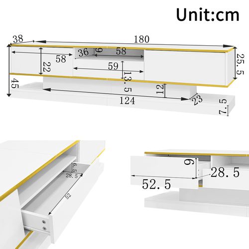 Meuble TV De 180 Cm Avec Éclairage LED , Brillant Avec 3 Tiroirs Et Compartiment Ouvert , Blanc