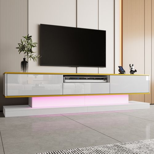 Meuble TV De 180 Cm Avec Éclairage LED , Brillant Avec 3 Tiroirs Et Compartiment Ouvert , Blanc