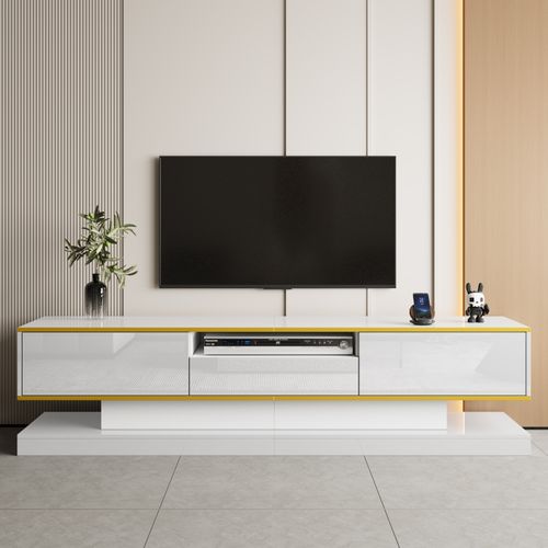 Meuble TV De 180 Cm Avec Éclairage LED , Brillant Avec 3 Tiroirs Et Compartiment Ouvert , Blanc