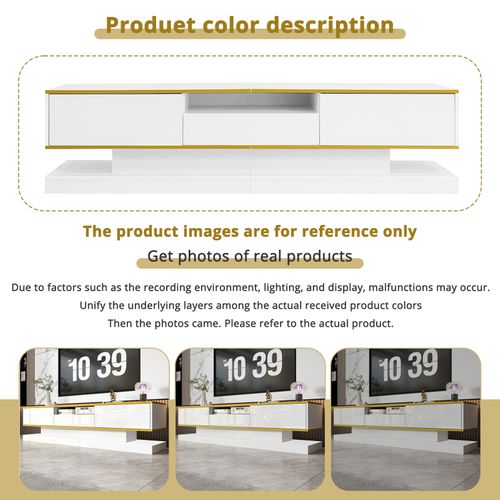 Meuble TV De 180 Cm Avec Éclairage LED , Brillant Avec 3 Tiroirs Et Compartiment Ouvert , Blanc