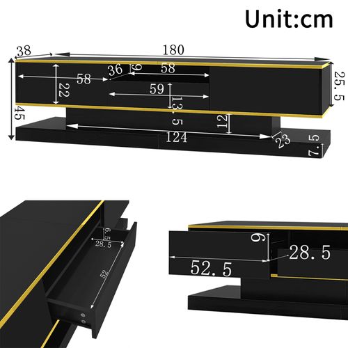 Meuble TV De 180 Cm Avec Éclairage LED , Brillant Avec 3 Tiroirs Et Compartiment Ouvert , Noir