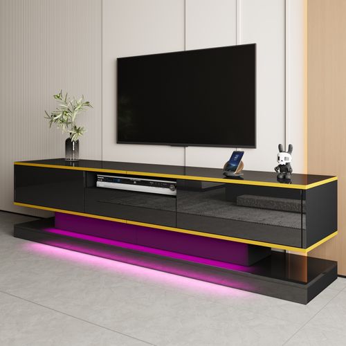 Meuble TV De 180 Cm Avec Éclairage LED , Brillant Avec 3 Tiroirs Et Compartiment Ouvert , Noir