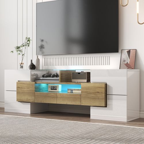 Moderne Banc TV Haute Brillance Avec LED, 4 Portes E 2 Tiroirs Meuble Télé, Rangement Ouvert, Blanc