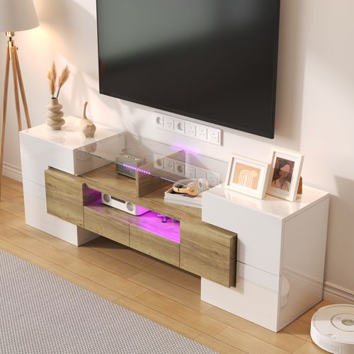 Moderne Banc TV Haute Brillance Avec LED, 4 Portes E 2 Tiroirs Meuble Télé, Rangement Ouvert, Blanc