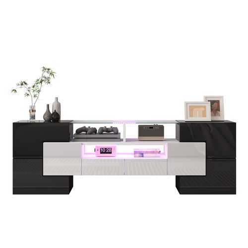 Moderne Banc TV Haute Brillance Avec LED, 4 Portes E 2 Tiroirs Meuble Télé, Rangement Ouvert, Noir