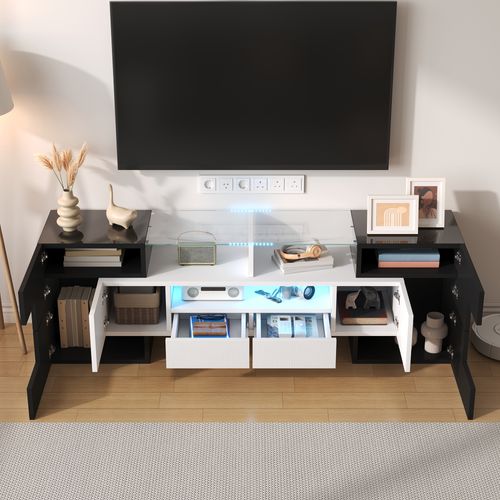 Moderne Banc TV Haute Brillance Avec LED, 4 Portes E 2 Tiroirs Meuble Télé, Rangement Ouvert, Noir