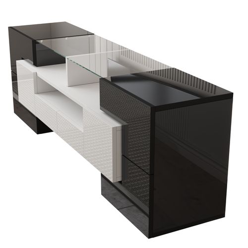 Moderne Banc TV Haute Brillance Avec LED, 4 Portes E 2 Tiroirs Meuble Télé, Rangement Ouvert, Noir