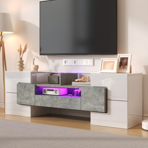 Moderne Banc TV Haute Brillance Avec LED, 4 Portes E 2 Tiroirs Meuble Télé, Rangement Ouvert, Béton