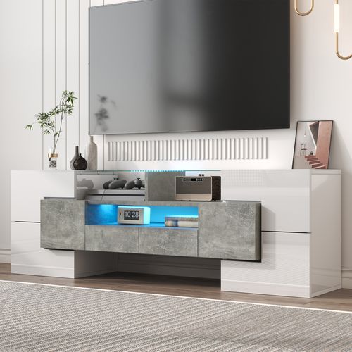 Moderne Banc TV Haute Brillance Avec LED, 4 Portes E 2 Tiroirs Meuble Télé, Rangement Ouvert, Béton