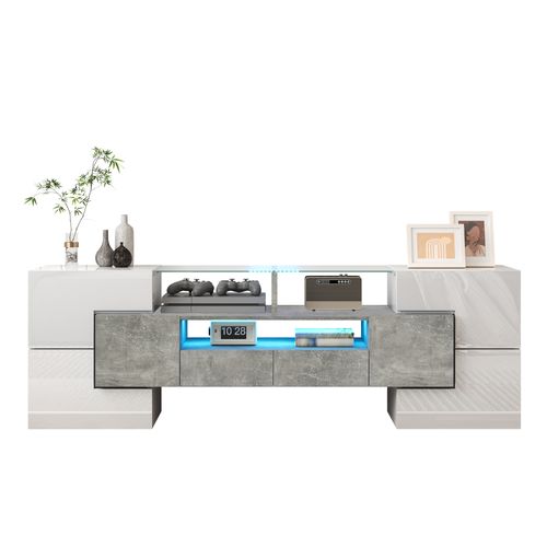 Moderne Banc TV Haute Brillance Avec LED, 4 Portes E 2 Tiroirs Meuble Télé, Rangement Ouvert, Béton