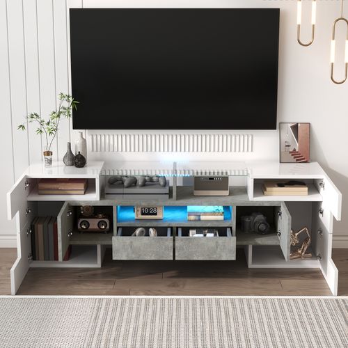 Moderne Banc TV Haute Brillance Avec LED, 4 Portes E 2 Tiroirs Meuble Télé, Rangement Ouvert, Béton