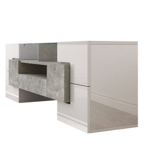 Moderne Banc TV Haute Brillance Avec LED, 4 Portes E 2 Tiroirs Meuble Télé, Rangement Ouvert, Béton