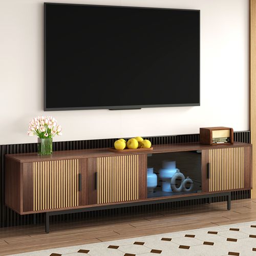 Meuble TV 200cm , Moderne Banc TV Avec LED, 3 Portes Rayées Et 1 Portes Vitrées , Support En Métal