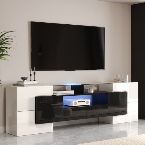 Meuble TV Avec Rangement , 6 Portes Et 2 Tiroirs , Avec LED , Surface Très Brillante , Noir+blanc
