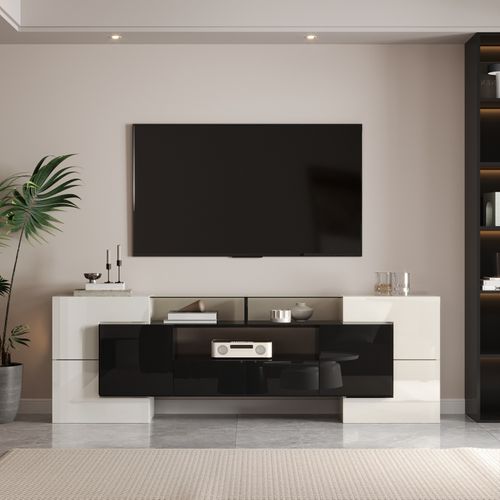 Meuble TV Avec Rangement , 6 Portes Et 2 Tiroirs , Avec LED , Surface Très Brillante , Noir+blanc