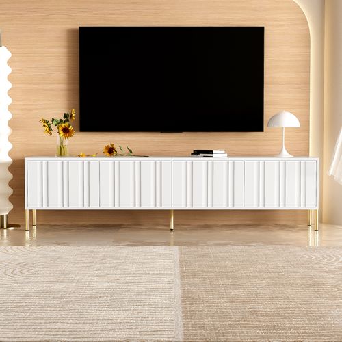 Meuble TV 190x38x48cm - Armoire Avec 4 Portes, Pieds De Table Dorés, Design De Porte Rainurée, Blanc