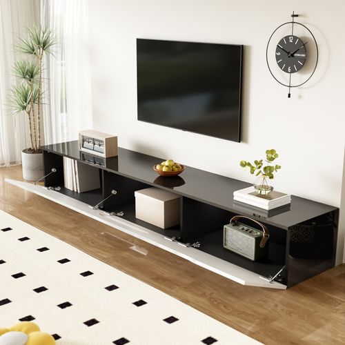 Meuble TV Flottant, Meuble Tele Avce LED, Meuble TV Avec 3 Portes Battantes, Blanc+noir