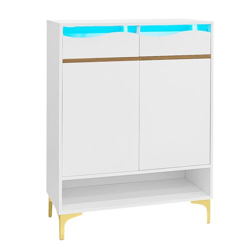 Armoire à Chaussures Blanc Moderneavec LED Et 2 Tiroirs, Design Et Éclairage Pour Couloir