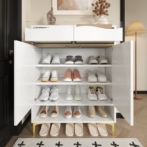 Armoire à Chaussures Blanc Moderneavec LED Et 2 Tiroirs, Design Et Éclairage Pour Couloir