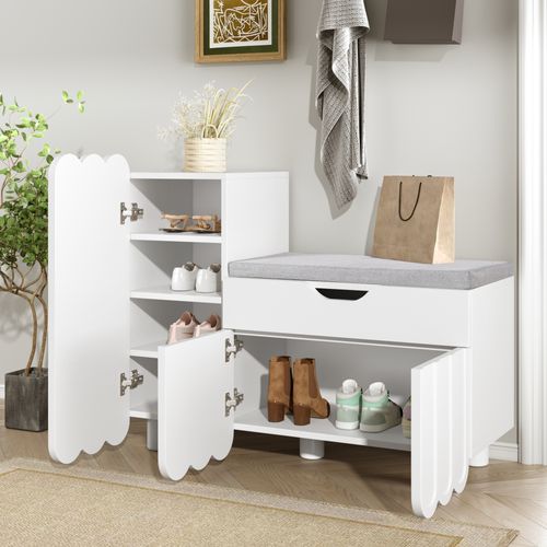 Banc à Chaussures En Bois Moderne, Meuble De Rangement Avec Portes Et Étagères Réglables, Blanc