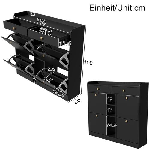 Meuble à Chaussures Élégant Avec 4 Portes Battantes, 2 Tiroirs, 3 Compartiments Ouverts, Noir