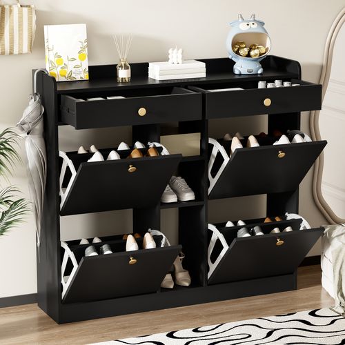 Meuble à Chaussures Élégant Avec 4 Portes Battantes, 2 Tiroirs, 3 Compartiments Ouverts, Noir