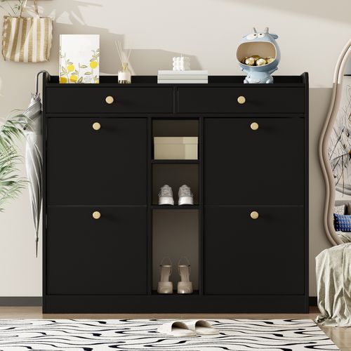 Meuble à Chaussures Élégant Avec 4 Portes Battantes, 2 Tiroirs, 3 Compartiments Ouverts, Noir