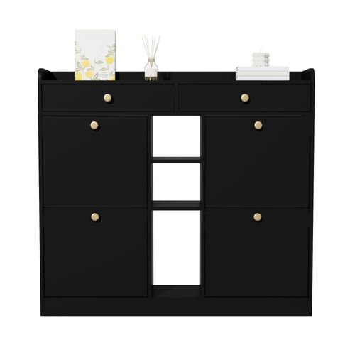 Meuble à Chaussures Élégant Avec 4 Portes Battantes, 2 Tiroirs, 3 Compartiments Ouverts, Noir