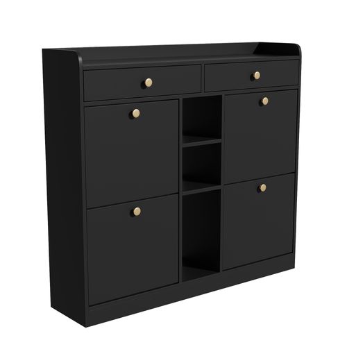 Meuble à Chaussures Élégant Avec 4 Portes Battantes, 2 Tiroirs, 3 Compartiments Ouverts, Noir