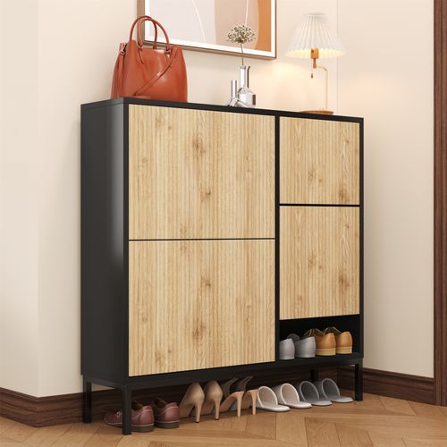 Armoire à Chaussures Avec Tabouret à Langer Étagère à Chaussures Avec 3 Rabats , Noir