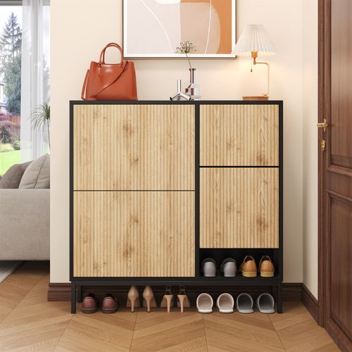 Armoire à Chaussures Avec Tabouret à Langer Étagère à Chaussures Avec 3 Rabats , Noir