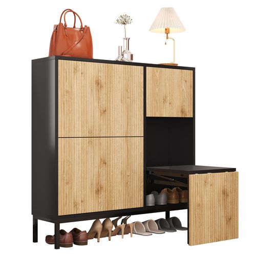 Armoire à Chaussures Avec Tabouret à Langer Étagère à Chaussures Avec 3 Rabats , Noir