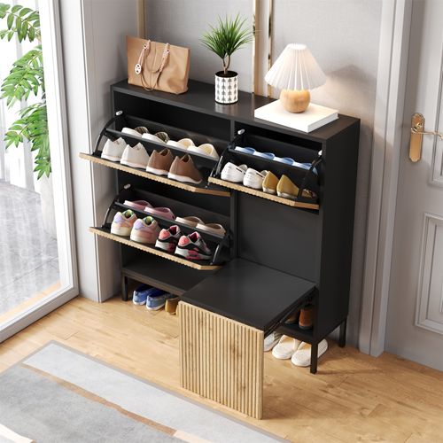 Armoire à Chaussures Avec Tabouret à Langer Étagère à Chaussures Avec 3 Rabats , Noir