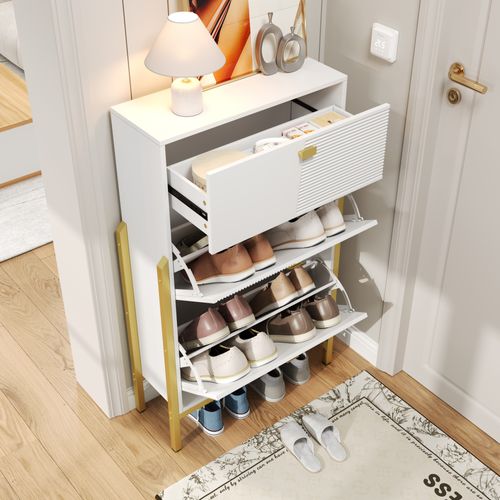 Armoire à Chaussures Multifonctionnelle Rangement,double Avec Poignées Dorées,pieds Dorés, Blanc