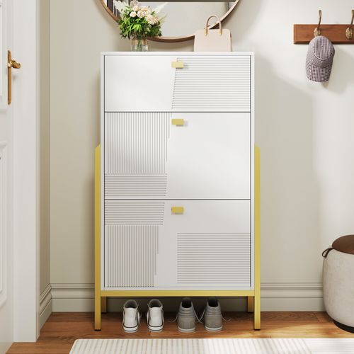 Armoire à Chaussures Multifonctionnelle Rangement,double Avec Poignées Dorées,pieds Dorés, Blanc