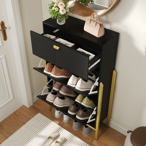 Armoire à Chaussures Multifonctionnelle Rangement,double Avec Poignées Dorées,pieds Dorés, Noir