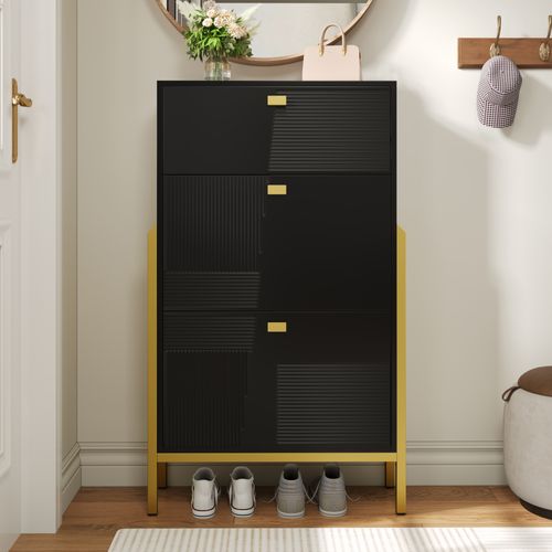 Armoire à Chaussures Multifonctionnelle Rangement,double Avec Poignées Dorées,pieds Dorés, Noir