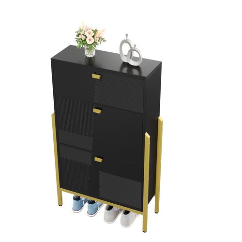 Armoire à Chaussures Multifonctionnelle Rangement,double Avec Poignées Dorées,pieds Dorés, Noir