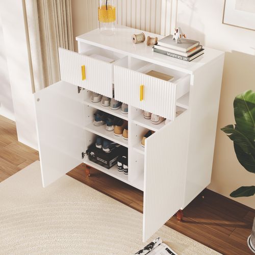 Armoire à Chaussures Multifonction Avec Poignée, Buffet Avec 2 Tiroirs Et 2 Portes, Blanc
