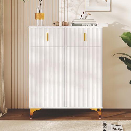 Armoire à Chaussures Multifonction Avec Poignée, Buffet Avec 2 Tiroirs Et 2 Portes, Blanc