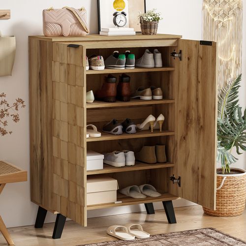Armoire à Chaussures Moderne Avec 5 Compartiments, Armoire De Rangement Avec 2 Portes, Couleur Bois