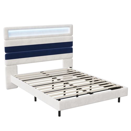 Cadre De Lit 140x190 Cm Avec Sommier,  Avec LED Et USB,  Tête De Lit Réglable Avec Rangement, Blanc