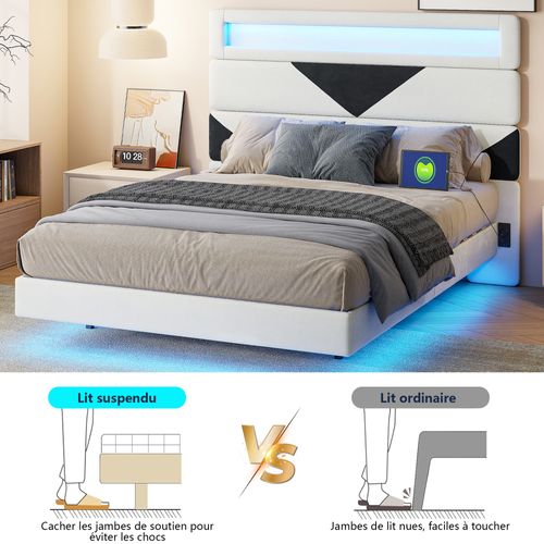 Lit 140 X 190 Cm Avec LED, Lit Double Avec Sommier à Lattes En Bois Massif, Velours, Blanc